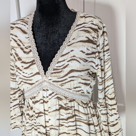 Inc New Women's Tiger Print Bell Sleeve Mini Boho Festival Dress, Size M Beige - Picture 9 of 16